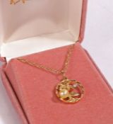 14 carat gold diamond a pearl pendant depicting a palm tree together with a 14 carat gold chain link