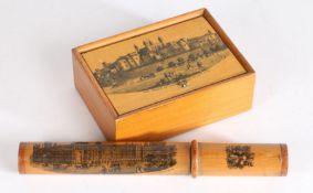 19th century Mauchline type cylindrical bodkin case, depicting the new house of parliament, 23cm