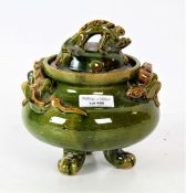 A Chinese porcelain censer, with a green glaze decorated with lizards to the handles and to the lid,