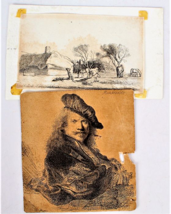 After Rembrandt Van Rijn, two etching, the first a self portrait, unframed, 13cm wide, 14cm high,