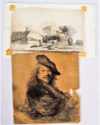 After Rembrandt Van Rijn, two etching, the first a self portrait, unframed, 13cm wide, 14cm high,