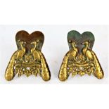 Pair of Victorian brass and iron place name/menu holders, both decorated with two peacocks and