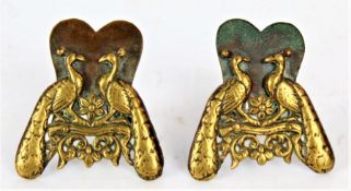 Pair of Victorian brass and iron place name/menu holders, both decorated with two peacocks and