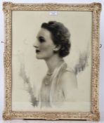 Pencil drawing of a Art Deco lady the lady in profile with pearl earrings and a pearl necklace,