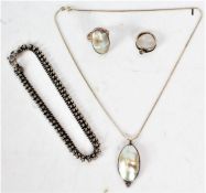 Collection of silver and white metal jewellery, to include a mother of pearl pendant with 925 silver
