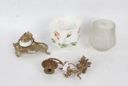 A Collection of items to include a Rococo style brass style brass inkwell, brass wall sconce