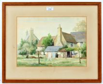 20th century watercolour,  depicting a landscape with buildings indistinctly signed  35cm by 25cm