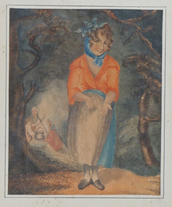 Naive School (19th/20th century) study of a standing lady with three women round a campfire to the