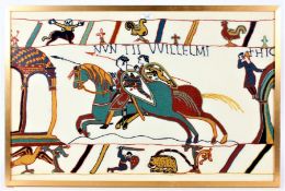 A Wool work picture after the Bayeux Tapestry, depicting soldiers on horseback, 79cm by 52cm