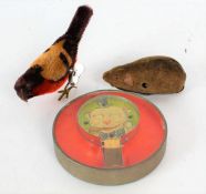 Schuco clockwork mouse, with velvet body, together with a clockwork bird and a 1930's 'Bonzo the