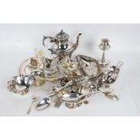Collection of various silverplate, to include cutlery, candletsicks, teapot, swing handled basket,