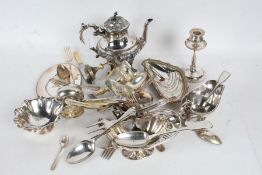 Collection of various silverplate, to include cutlery, candletsicks, teapot, swing handled basket,