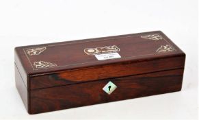 A Victorian rosewood and mother of pearl box, the rectangular top with a floral cartouche, 24cm wide