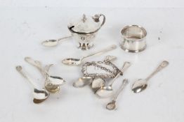 Collection of mixed silver to include ten coffee spoons, various dates and makers, Gin decanter