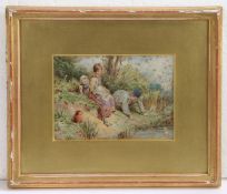 19th century watercolour  Children Playing By The Edge Of A River  Initialed FB (Lower Left) 18cm by
