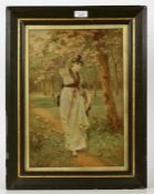 German hand coloured photograph, Lady in Woodland, indistinctly signed (lower right) 38 x 26cm