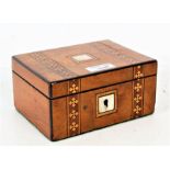 Victorian walnut and marquetry inlaid box, the top decorated with a mother of pearl cartouche and