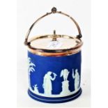 Wedgwood jasper ware biscuit barrel, depicting white neo-classical figures on a blue background,