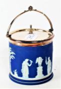 Wedgwood jasper ware biscuit barrel, depicting white neo-classical figures on a blue background,