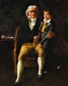 19th century portrait of a Father and Son Depicting a Father and son in a interior setting