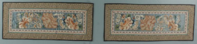 Pair of Chinese silk floral embroideries, framed as one, each embroidery 53cm x 22cm,