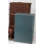 Large early to mid 20th century wooden bound travelling trunk, 92cm wide, together with two blue