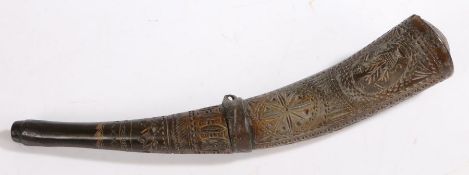 18th Century powder horn, the body engraved "This horn made by Robert Wyatt anno 1792", the body