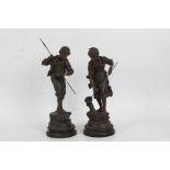 'Rancoulet', signed pair of spelter figures, raised on ebonised bases, 44.5cm high & 39.5cm high (