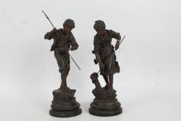 'Rancoulet', signed pair of spelter figures, raised on ebonised bases, 44.5cm high & 39.5cm high (