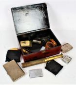 Collection of mixed items, to include compacts, a brass needle case by Perry & Co., lighters, plated