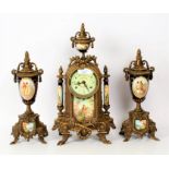 Decorative porcelain and gilt clock garniture, set with porcelain panels depicting courting couples,