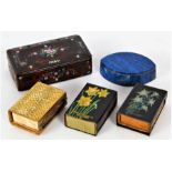 Two Bryant & Mays enamel match box holders, together with a Victorian snuff box, a lapis lazuli