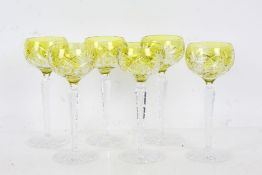 Set of six mid 20th century green glasses, set with cut glass decoration 20cm high