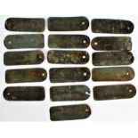 Collection of folk art type named metal tags, with names to include 'NectorLand, King Edward VII,