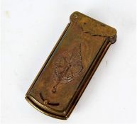 Victorian gilt brass Avery needle case 'The Quadruple Golden Casket', butterfly on leaf