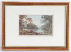 18th Century old master drawing and watercolour, river landscape with rotunda, housed in a glazed