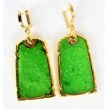 Pair of jade style and gilr earrings, formed of pierced panels with gilt mounts