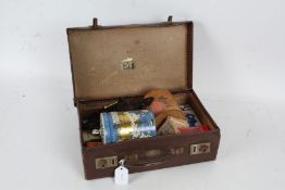 Small brown leather case, with contents of various advertising soaps to include Bambi, Peter Pan