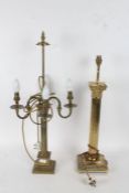 Brass Corinthian column table lamp, 64.5cm tall including fitting, together with a brass four branch