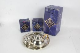 Selangor Pewter three piece tea set with tray, with original boxes