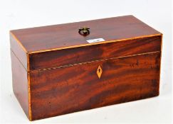 A George III mahogany and boxwood strung tea caddy, with a diamond key hole escutcheon, 30cm wide