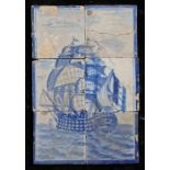 An 18th century  Dutch Delft tile panel In blue, designed as a ship in full sail at sea, 26cm x 39cm