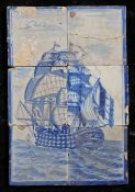 An 18th century  Dutch Delft tile panel In blue, designed as a ship in full sail at sea, 26cm x 39cm