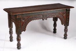 An unusual early 17th oak and polychromed ‘stand’, Dutch The one-piece top with ovolo-moulded