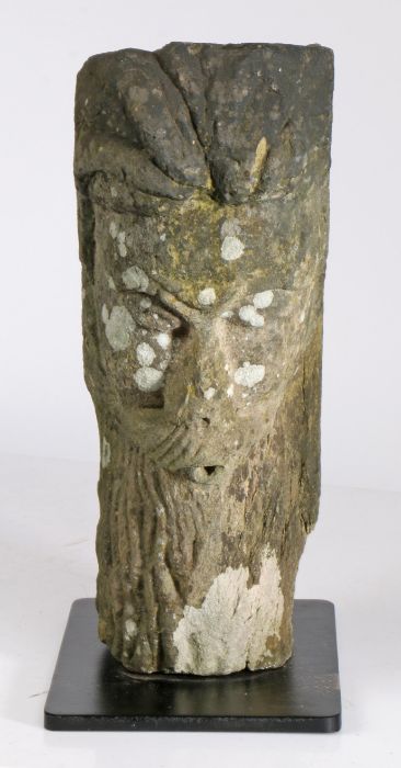 An unusual carved Medieval stone head The top hollowed out for offerings, above a bearded face, 40cm - Image 2 of 3