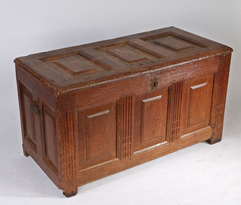 A 17th century oak coffer, German/Flemish The lid with three raised panels, and conforming front, - Image 4 of 6