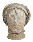 A carved limestone bust, possibly 15th/16th Century Of a female with a hood and black hair, 27cm