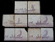 A collection of five Delft picture tiles All pairs, designed in manganese, depicting a boat and