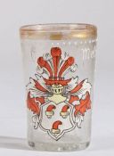 A German glass and enamel beaker, 16th Century or later, Designed with a coat of arms, the name '