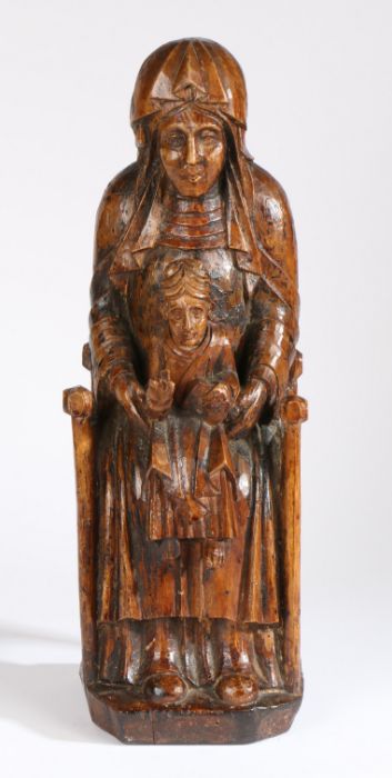 An 18th century carved walnut Sedes Sapientiae The Madonna and Child seated on the Seat of Wisdom, - Image 2 of 4